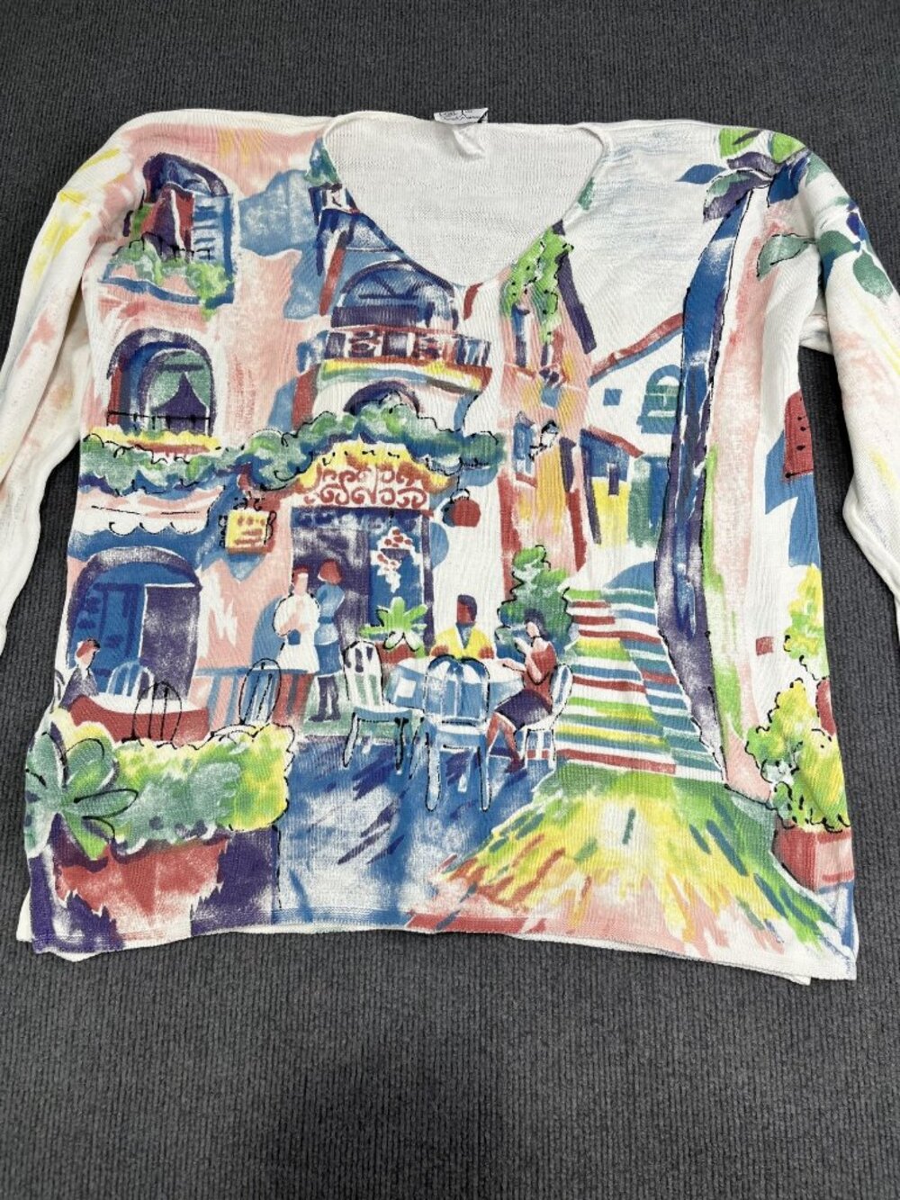 Michael Leu Womens Cafe Scene Art Print V-Neck Long Sleeve Top XL
